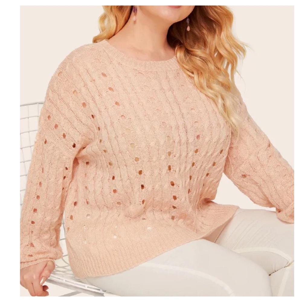 ➕ Pink Cut Out Open Weave Sweater - Picture 2 of 5